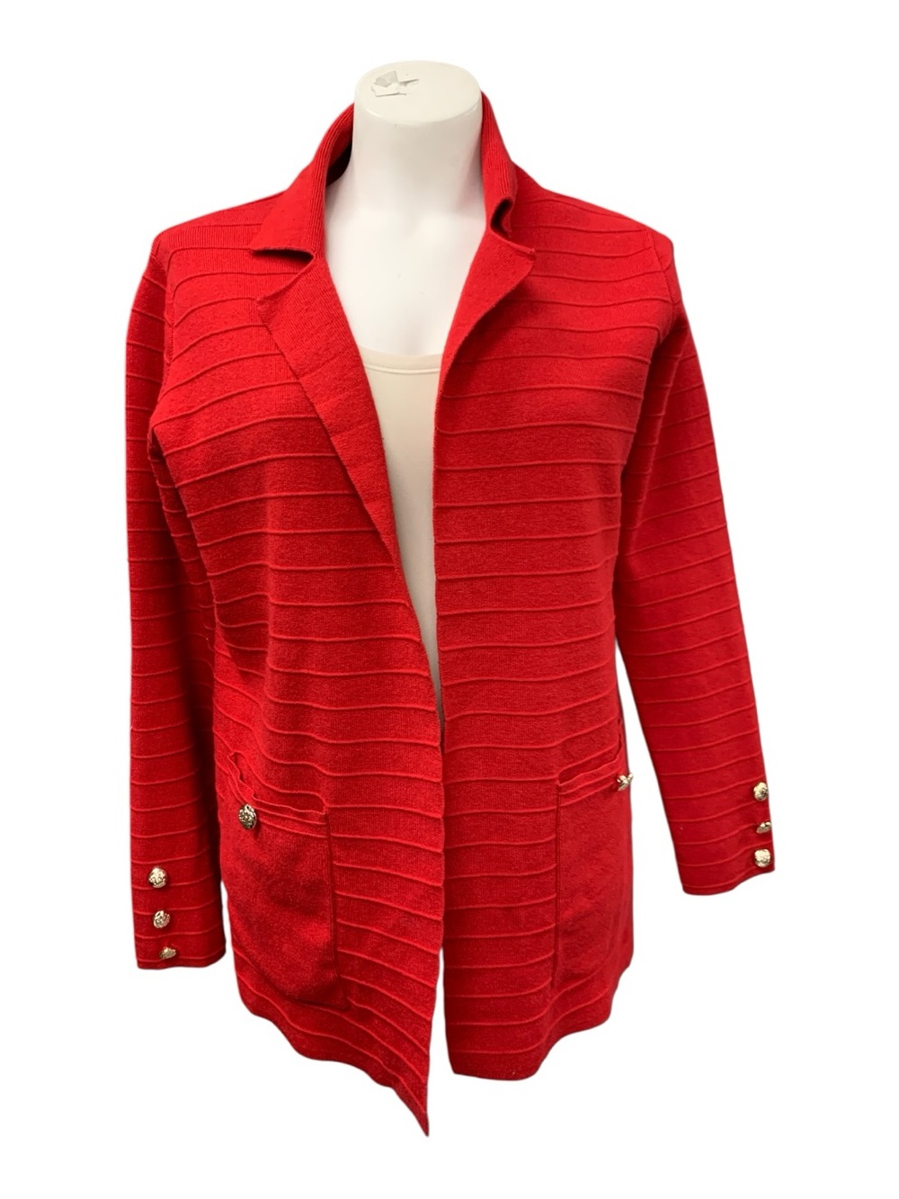 cleo Red Ribbed Open-Front Jacket with Gold Buttons